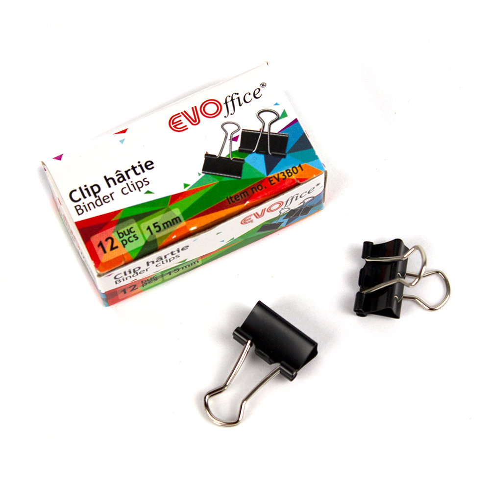 Clip metalic Binder Clips 15 mm, 12buc/cutie