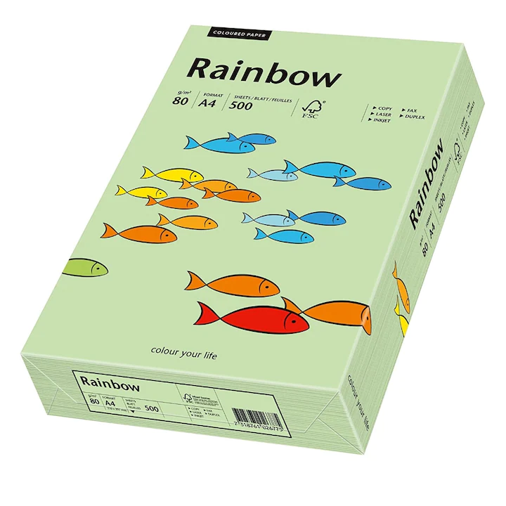 Hartie A4 colorata, 80 g/mp, Rainbow, 500 coli/top, Verde pastel