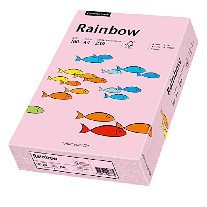 Hartie carton A4 colorata, 160 g/mp, Rainbow, 250 coli/top, Roz pastel
