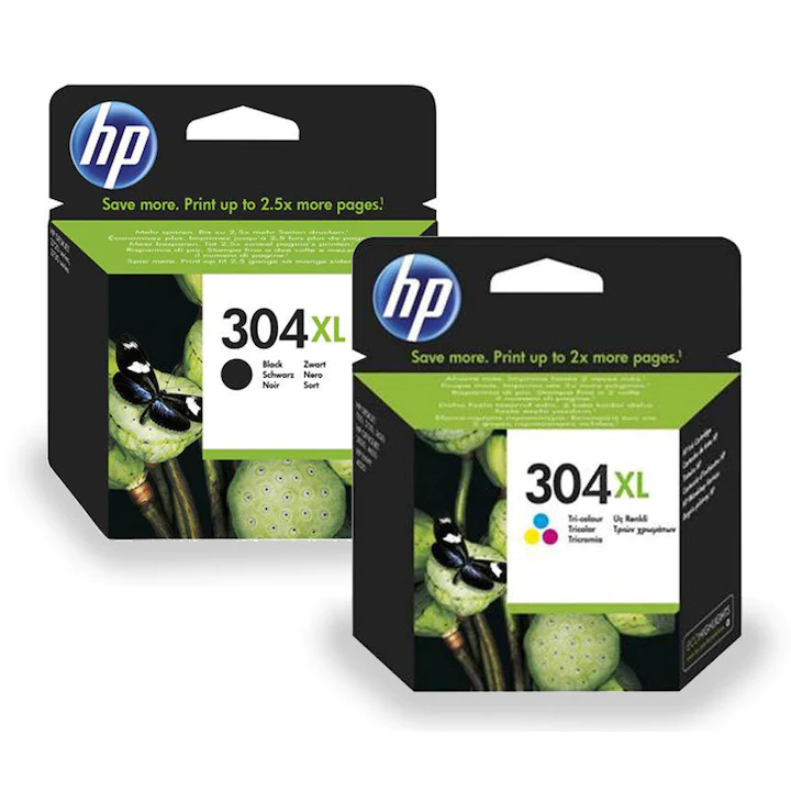 Set 2 cartuse cerneala original HP 304XL, 1 cartus negru + 1 cartus tricolor, N9K08AE N9K07AE