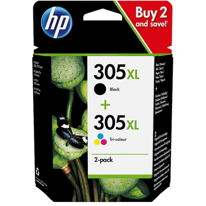 Set 2 cartuse cerneala original HP 305XL, 1 cartus negru + 1 cartus tricolor