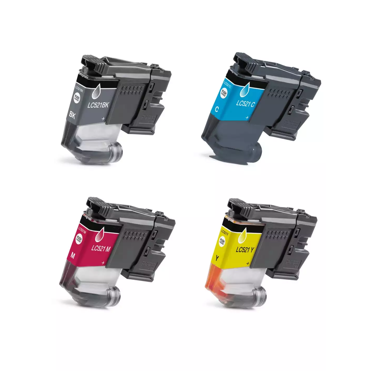 Set 4 cartuse cerneala compatibil Brother LC 521, 14 ml si 500 pagini negru, 8 ml si 500 pagini fiecare culoare, pentru imprimante Brother DCP-J1260W Brother DCP-J1310DW Brother DCP-J1360DW Brother DCP-J1460DW