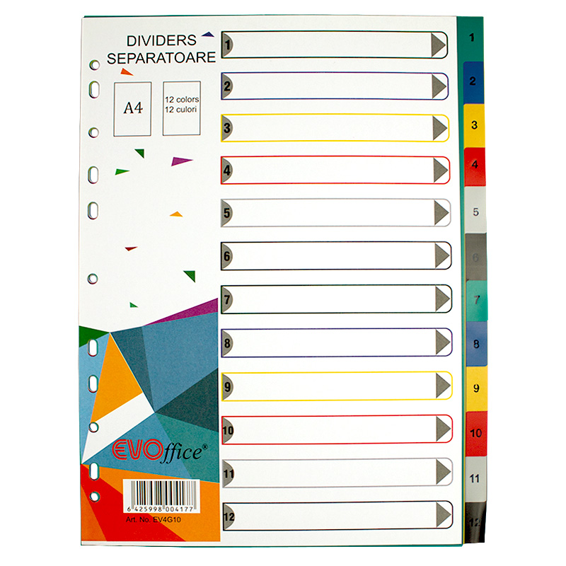 Separatoare plastic EVOffice, 12 culori/set