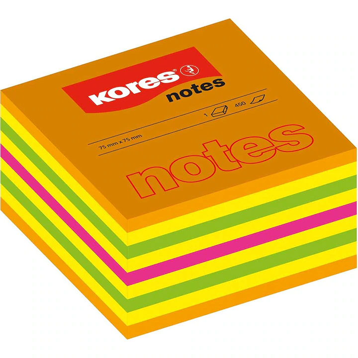 Set Cub Notite Adezive KORES, Dimensiune 75x75 mm, 450 File, Multicolor Neon, Post-it, Sticky Notes