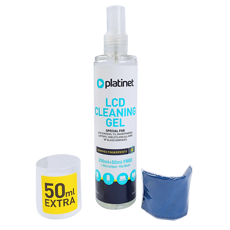 Set spray gel curatare monitoare, ecrane LCD/tactile + Laveta, Platinet, Microfibra, 250 ml