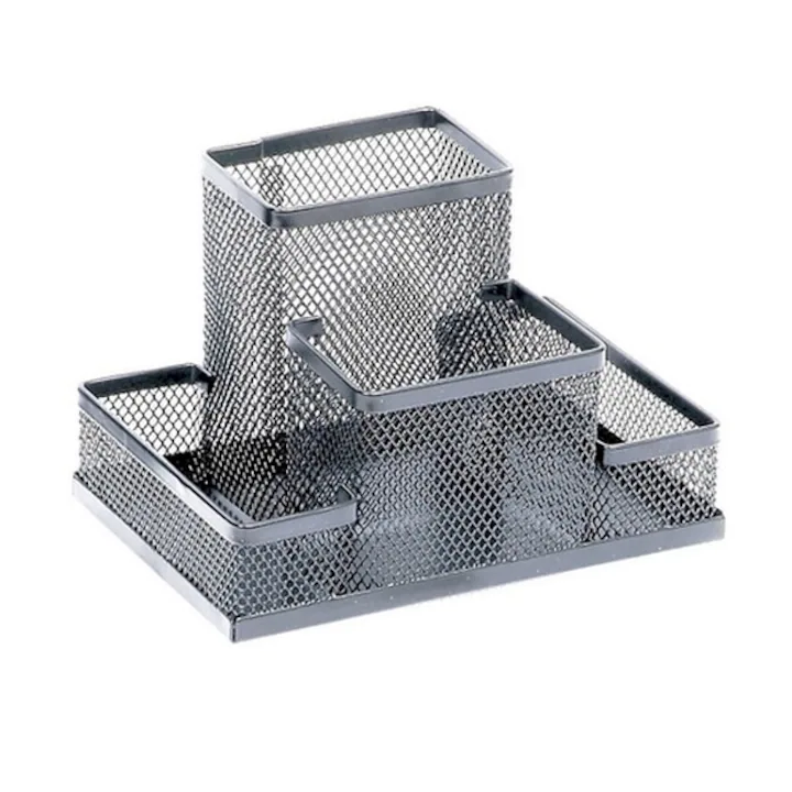 Suport plasa metalica accesorii birou, 4 compartimente - gri