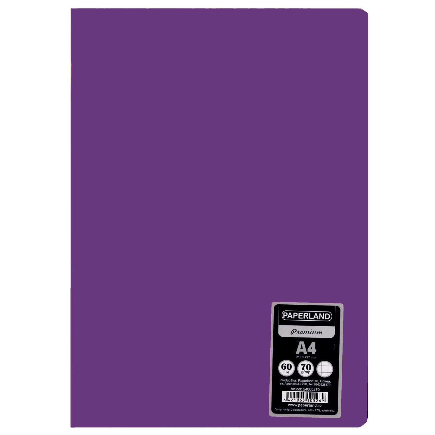 Caiet studentesc, PAPERLAND, A4, 60 file, capsat, matematica, 70g/mp, coperta plastic,mov