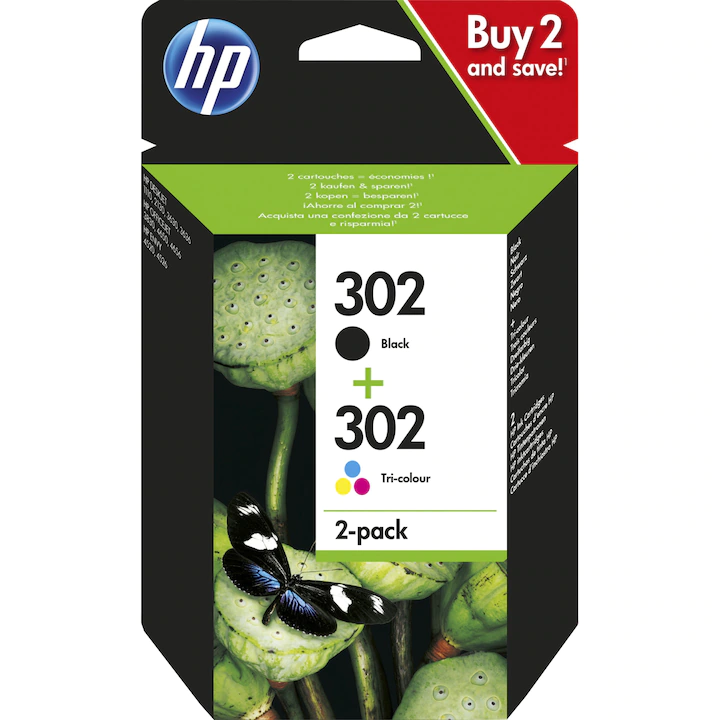 Set 2 cartuse cerneala original HP 302, 1 cartus negru + 1 cartus tricolor, X4D37AE