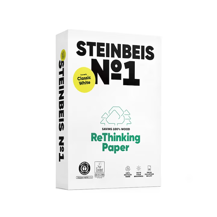 Top Hartie Copiator A4 reciclata, Steinbeis No 1 Classic White, Hartie pentru Xerox si Imprimanta, 500 Coli, 80 g/m²