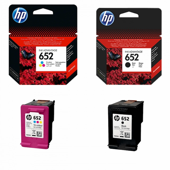 Set 2 cartuse cerneala original HP 652, 1 cartus negru F6V25AE + 1 cartus color F6V24AE