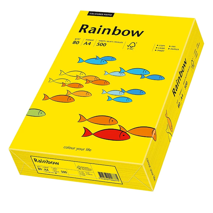Hartie A4 colorata, 80 g/mp, Rainbow, 500 coli/top, Galben intens