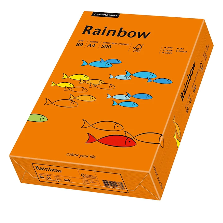 Hartie A4 colorata, 80 g/mp, Rainbow, 500 coli/top, Portocaliu intens