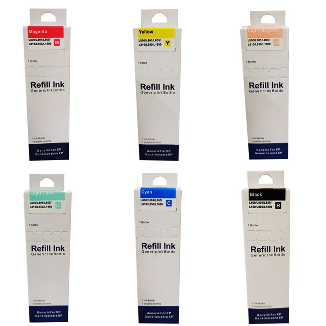 Set 6 flacoane cerneala compatibile Epson T6731 T6732 T6733 T6734 T6735 T6746, 6x 70 ml, 4000 pagini negru, 6500 de pagini fiecare culoare, compatibil cu L800 L805 L810 L850 L1800 EcoTank L110, EcoTank L120, EcoTank L121, EcoTank L1300, EcoTank L1455
