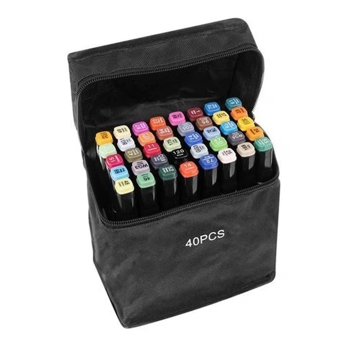 Set 40 markere, 2 capete subtire si gros, cu geanta de depozitare, multicolor