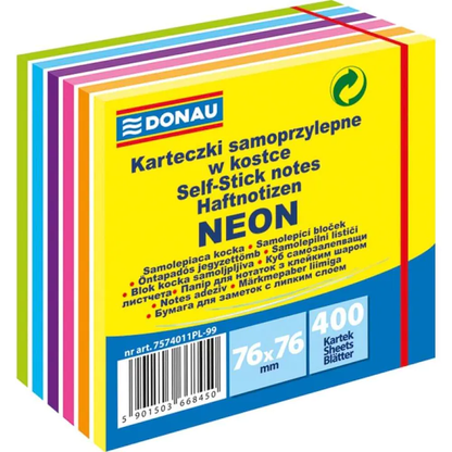 Set Cub Notite Adezive DONAU, Dimensiune 7.6x7.6 cm, 400 File, Multicolor Neon, Post-it, Sticky Notes