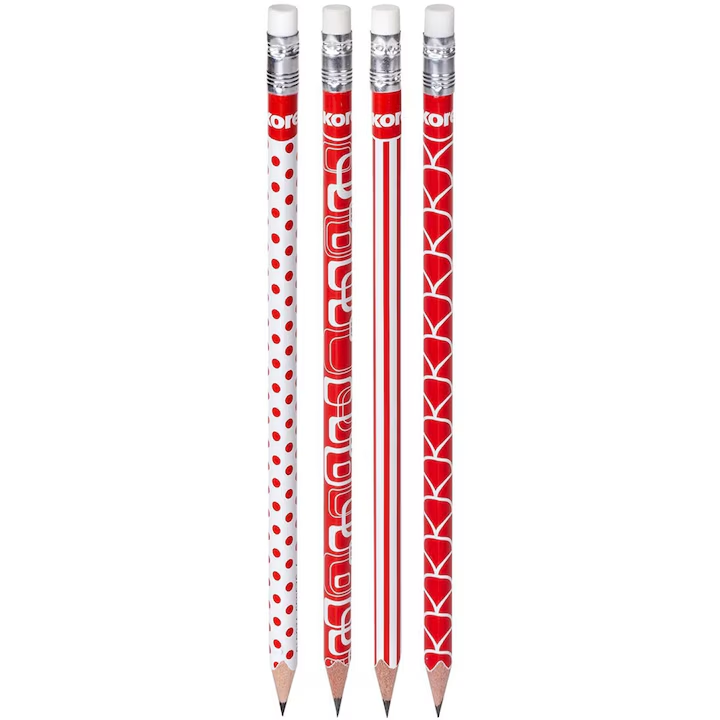 Set creioane grafit Kores HB, design alb rosu, radiera alba, 4 bucati