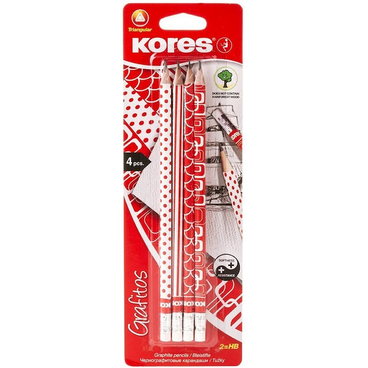 Set creioane grafit Kores HB, design alb rosu, radiera alba, 4 bucati