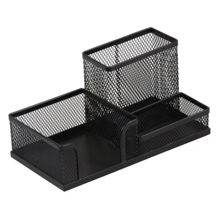 Suport plasa metalica accesorii birou, 3 compartimente - negru