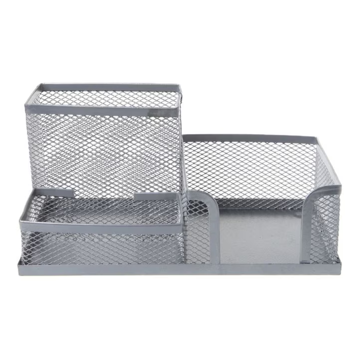 Suport plasa metalica accesorii birou, 3 compartimente - gri