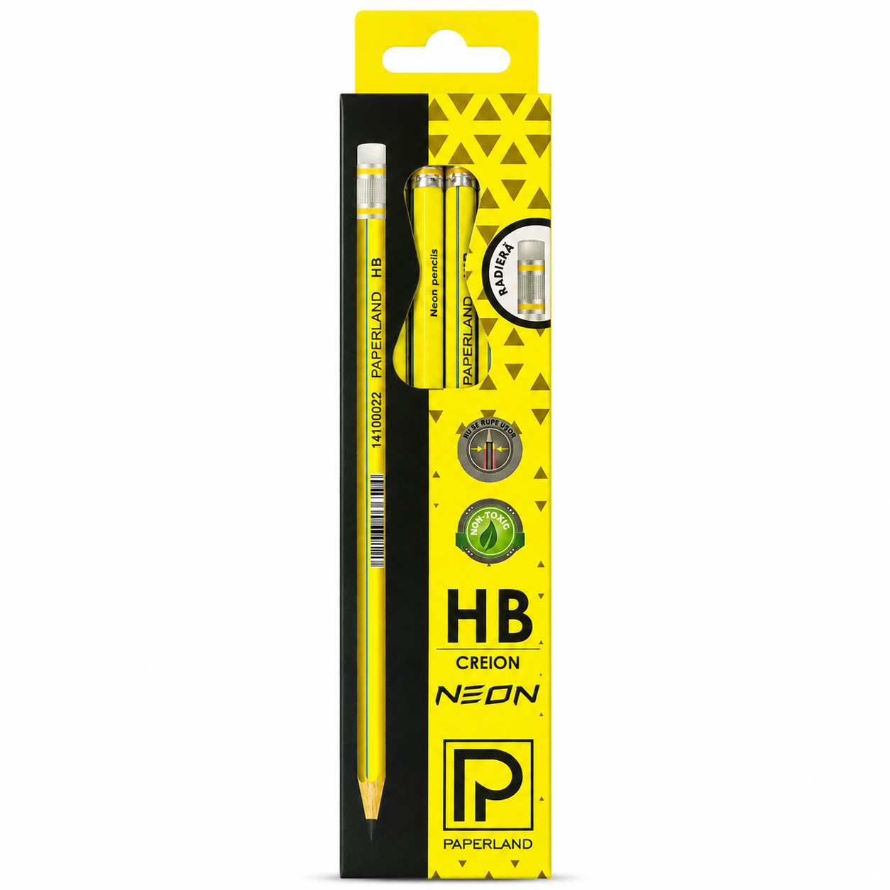 Set 12 Creioane Grafit, Negru, HB cu Radiera, Paperland, Colectia Hawaii Neon, galben