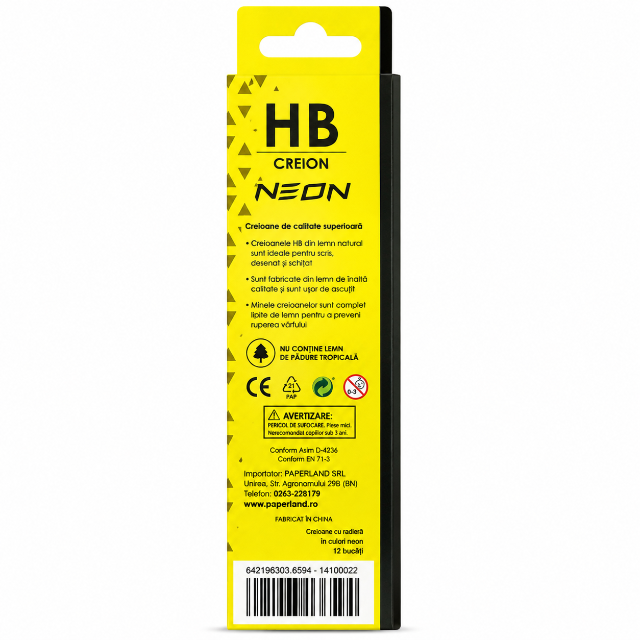 Set 12 Creioane Grafit, Negru, HB cu Radiera, Paperland, Colectia Hawaii Neon, galben