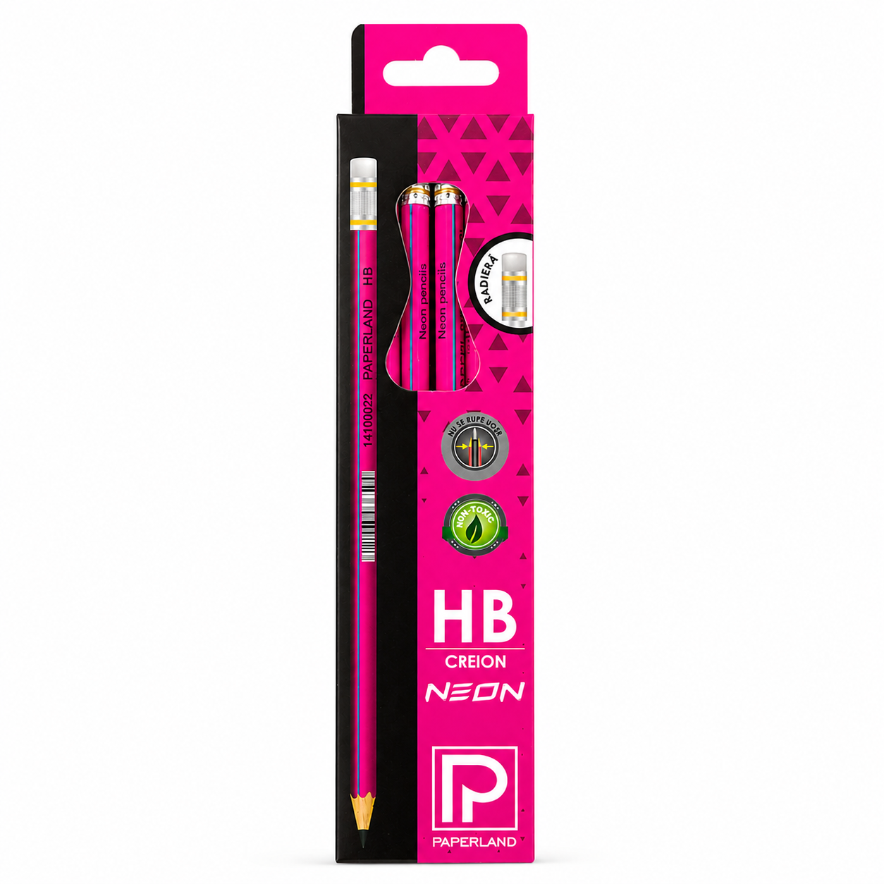 Set 12 Creioane Grafit, Negru, HB cu Radiera, Paperland, Colectia Hawaii Neon, magenta