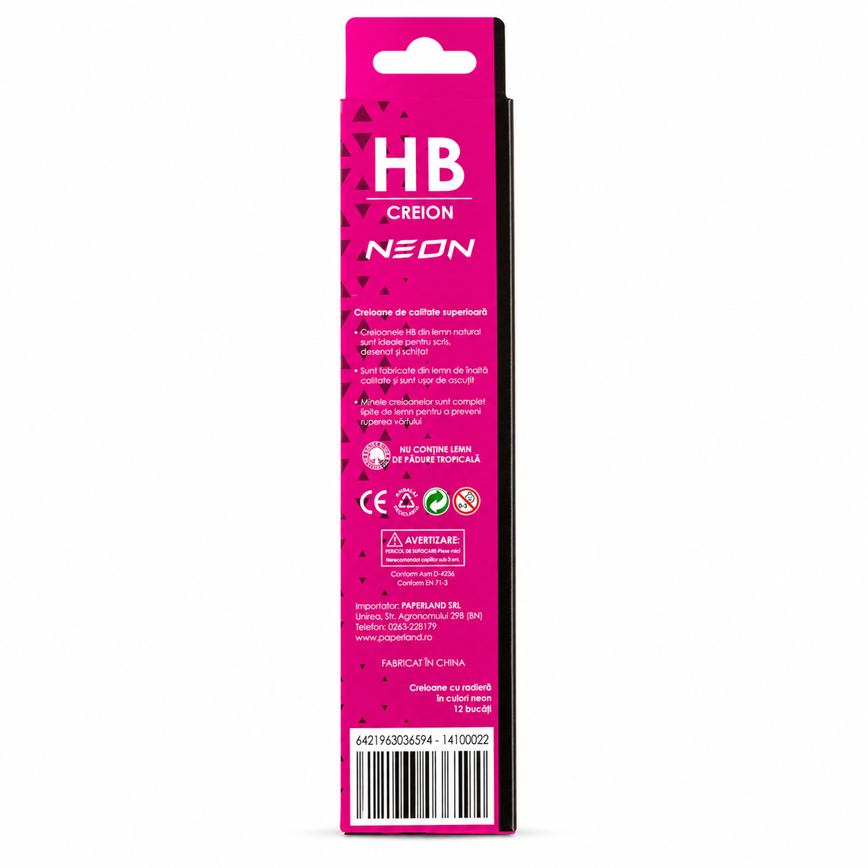 Set 12 Creioane Grafit, Negru, HB cu Radiera, Paperland, Colectia Hawaii Neon, magenta