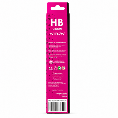 Set 12 Creioane Grafit, Negru, HB cu Radiera, Paperland, Colectia Hawaii Neon, magenta