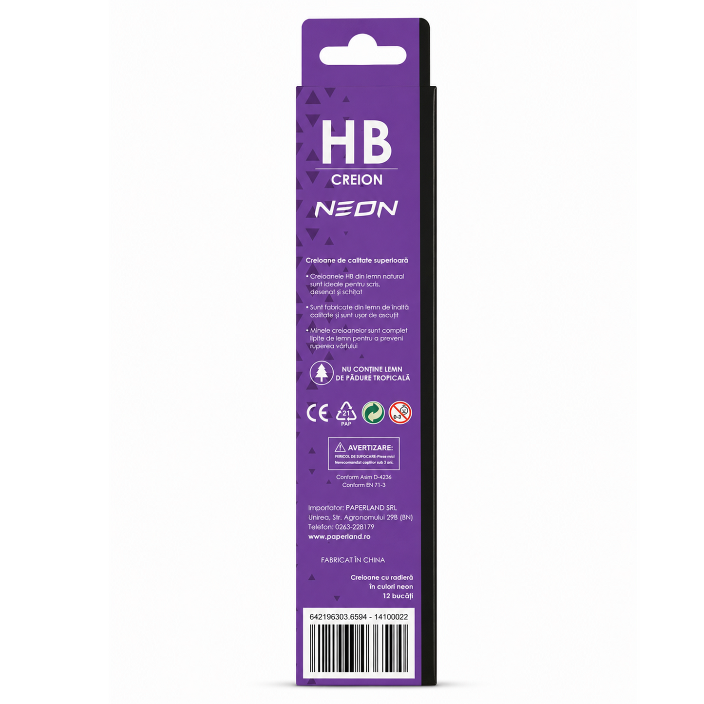 Set 12 Creioane Grafit, Negru, HB cu Radiera, Paperland, Colectia Hawaii Neon, mov