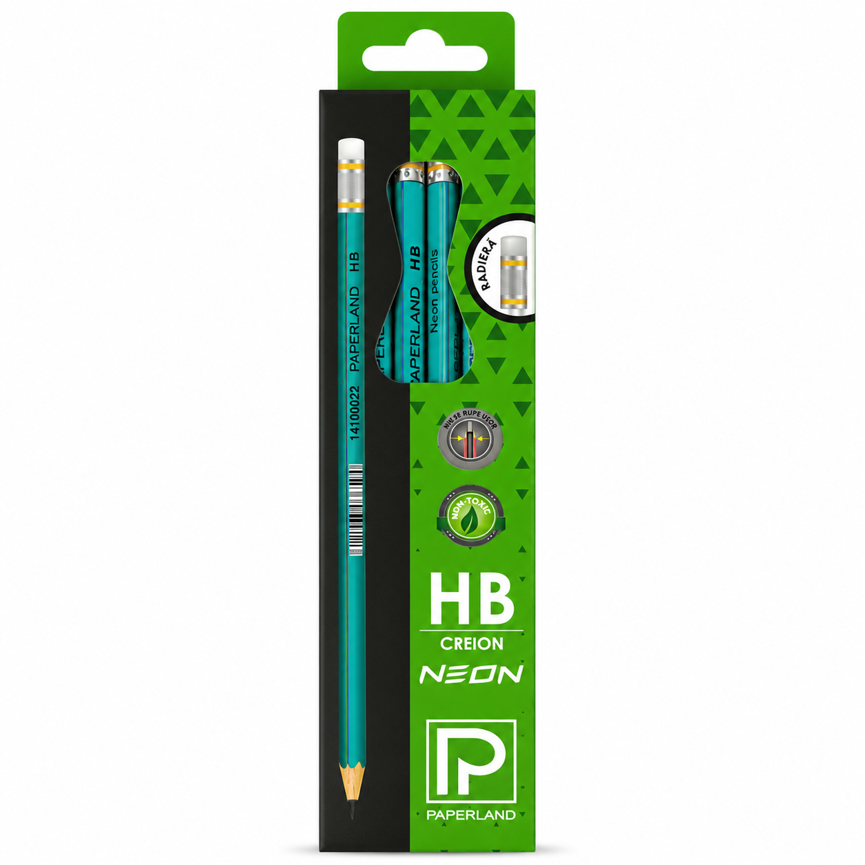 Set 12 Creioane Grafit, Negru, HB cu Radiera, Paperland, Colectia Hawaii Neon, Turquoise