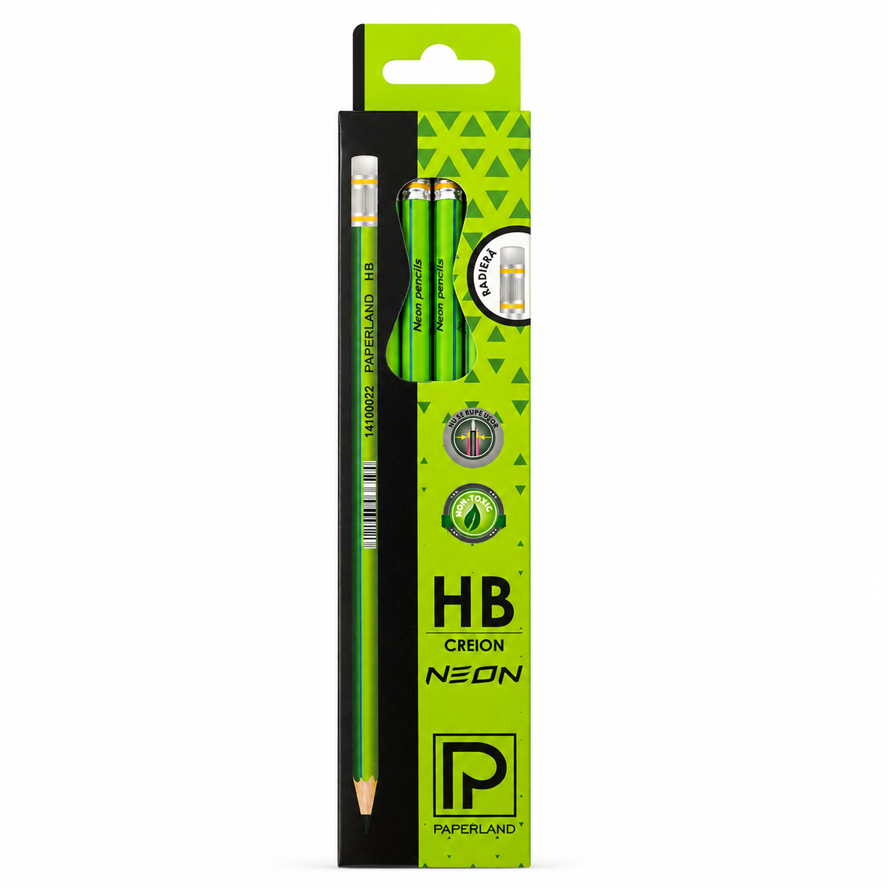 Set 12 Creioane Grafit, Negru, HB cu Radiera, Paperland, Colectia Hawaii Neon, verde