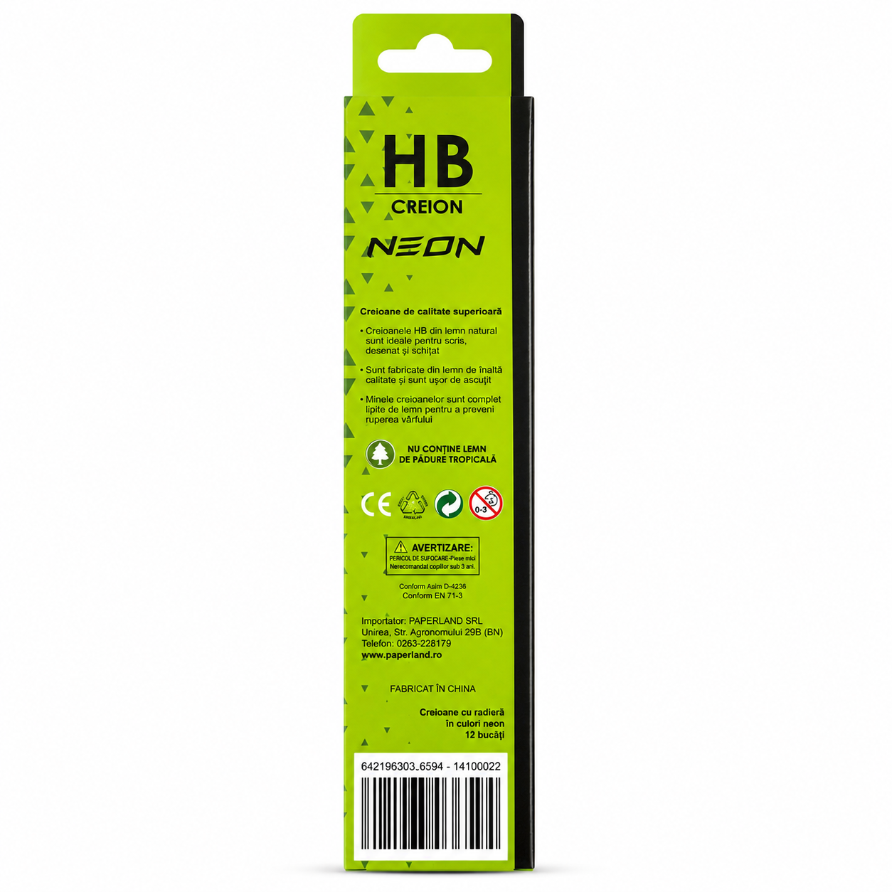 Set 12 Creioane Grafit, Negru, HB cu Radiera, Paperland, Colectia Hawaii Neon, verde