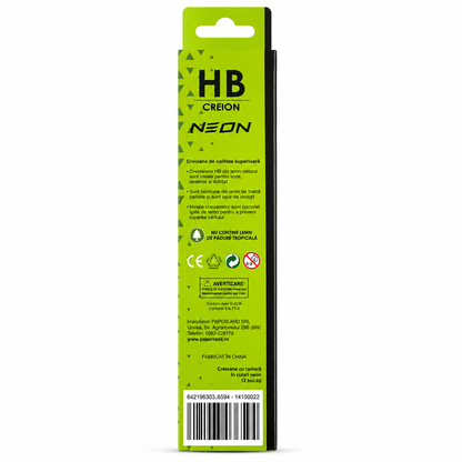 Set 12 Creioane Grafit, Negru, HB cu Radiera, Paperland, Colectia Hawaii Neon, verde